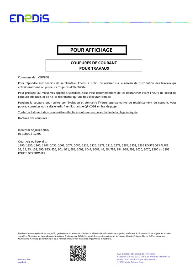 ENIDIS - COUPURES DE COURANT POUR TRAVAUX - mercredi 22 juillet 